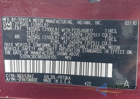 2011 Toyota Sienna Xle V6 z USA, uszkodzony, nr VIN 5TDYK3DC9BS009105